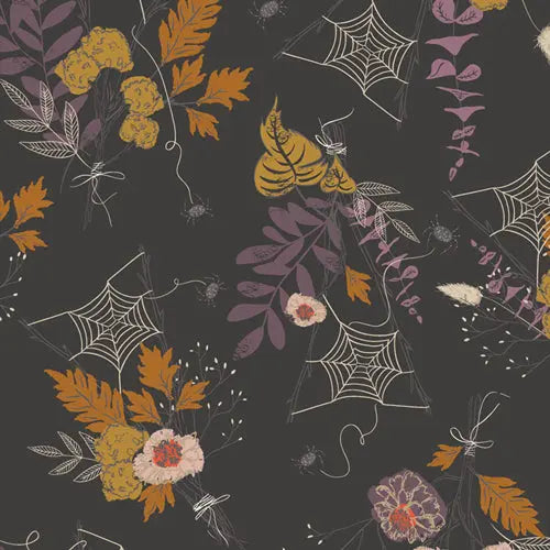 Fabric with a black background and spider web and flower illustrations. From Art Gallery Fabrics Spooky and Sweeter. 100% cotton for sewing and crafting.