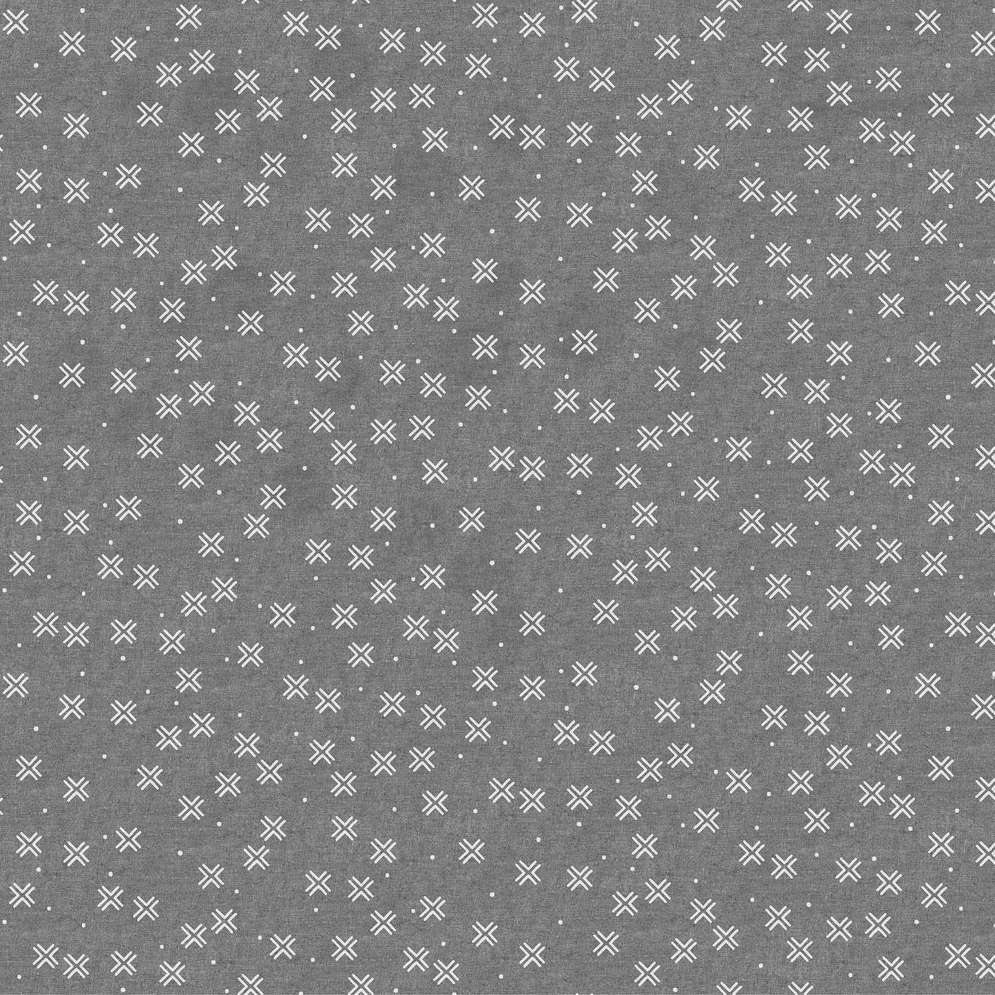 Fabric with a gray background and white crosses. From "Harmony" by Ghazal Razavi for Figo Fabics. Cotton Linen Blend.