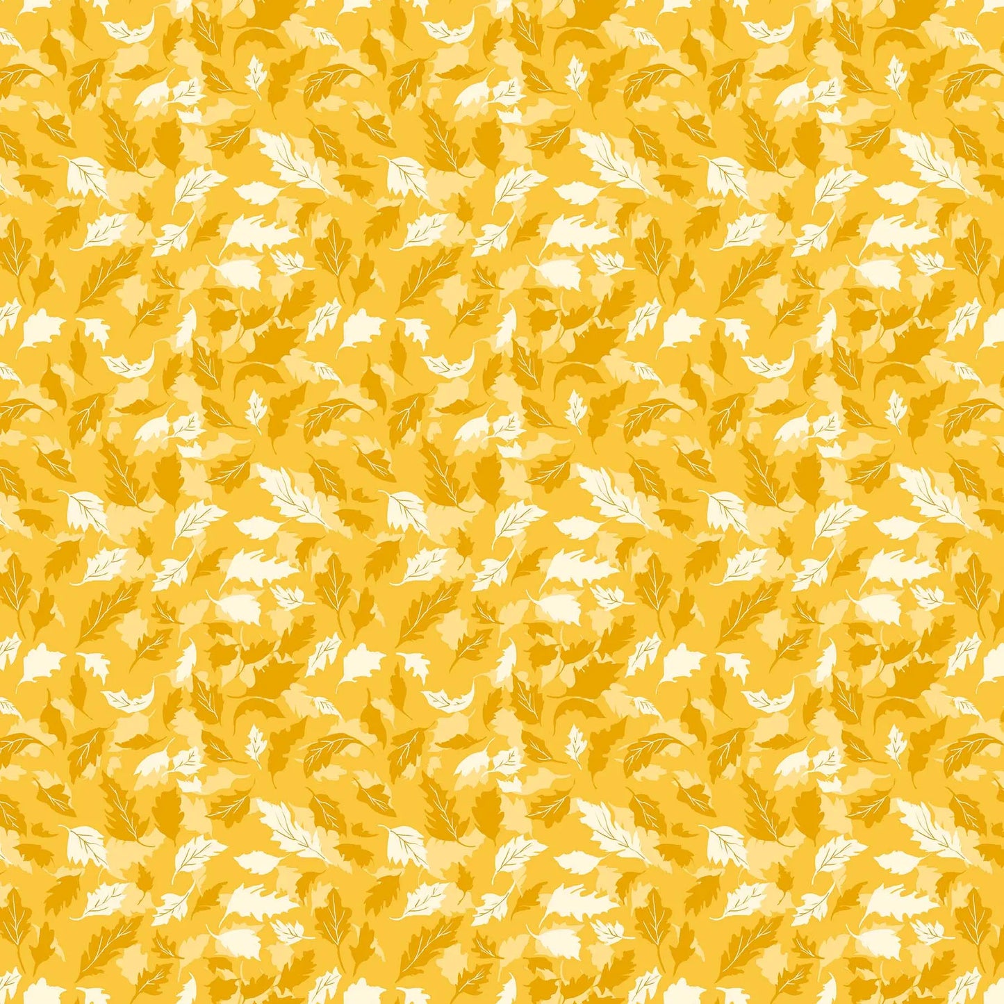 Fabric with a yellow background and tonal leaf pattern. From Summers End line by Alison Janssen for FIGO Fabrics. 100% cotton for sewing, crafting, and quilting.