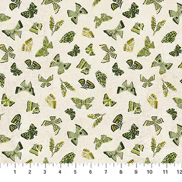 Fabric with a natural background and green butterflies. From "Wildflower" line by Boccaccini Meadows for Figo Fabrics. Cotton Linen blend for sewing, quilting, and crafting.