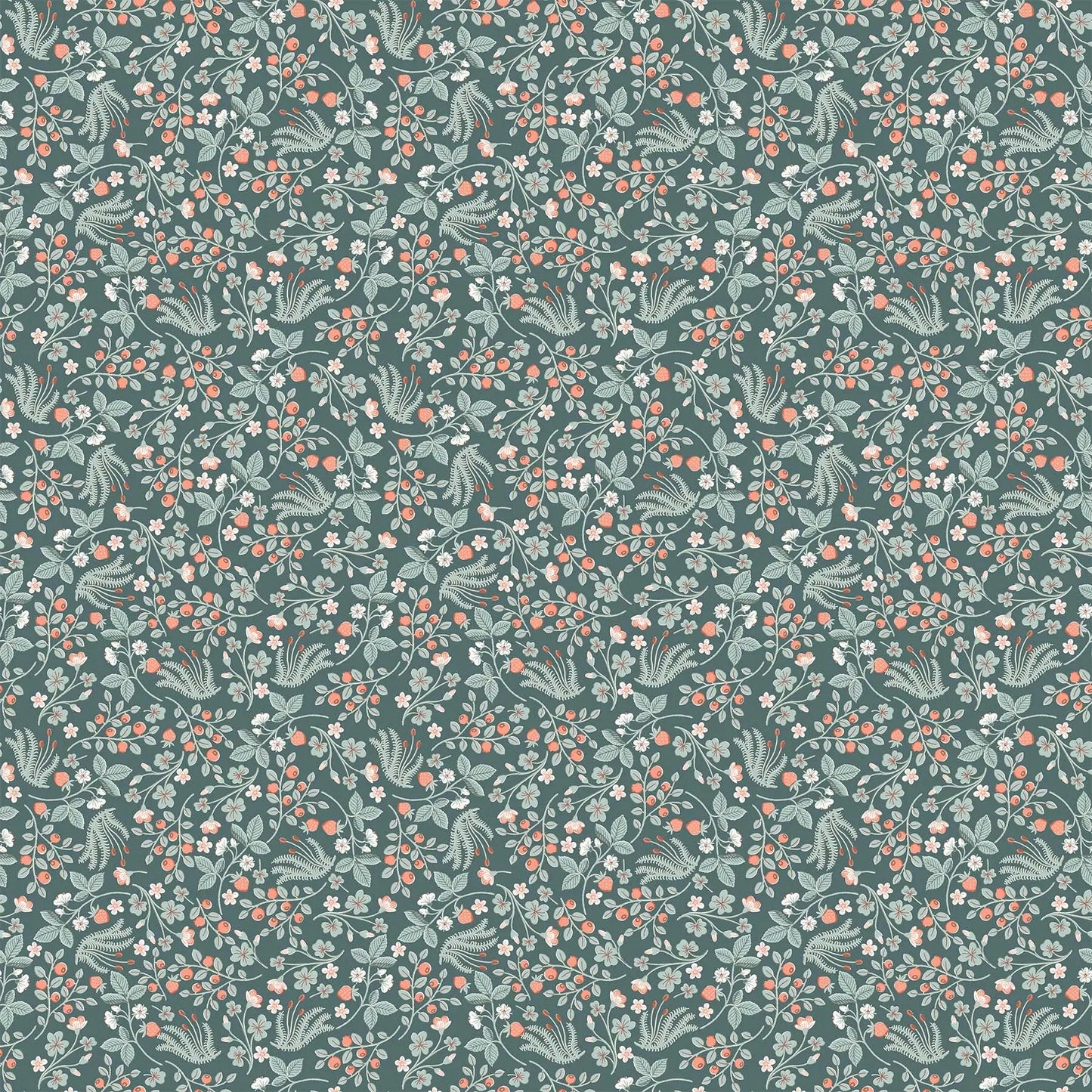 Fabric with a green background and multicolored berry illustrations. "Festive Fauna" line from Figo Fabrics. 100% Premium Cotton for sewing and crafting.