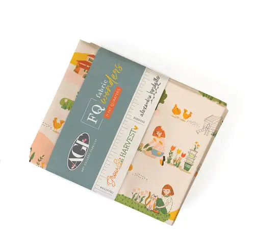 A bundle of fat quarters featuring a variety of patterns including a chicken coop, vegetables in garden scene. 'Grow & Harvest' by Alexandra Bordallo from Art Gallery Fabrics and is made of 100% premium cotton for sewing and crafting.