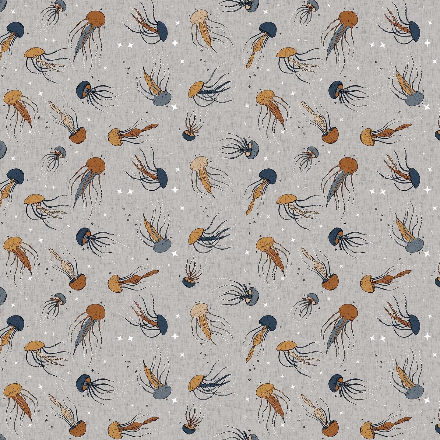 Fabric with a gray background and squid and jellyfish illustrations. From Calm Waters by FIGO Fabrics. 100% Cotton for quilting, sewing, and crafting.