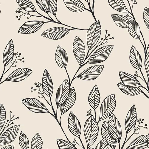 A fabric with a floral pattern in gray and beige tones, featuring various shaped leaves and branches. 100% rayon for sewing blouses, flowing dresses