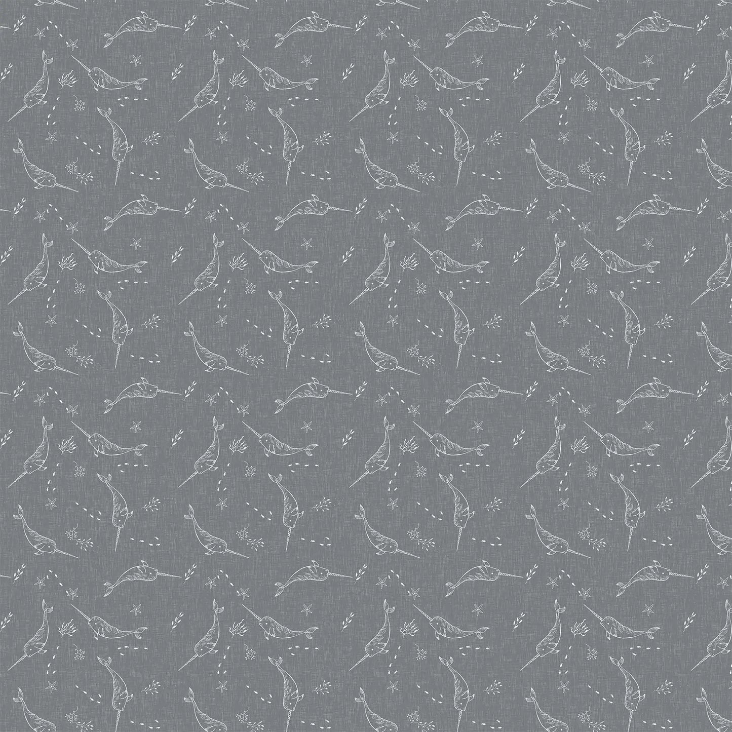 Fabric with a gray background and narwal illustrations. From Calm Waters by FIGO Fabrics. 100% Cotton for quilting, sewing, and crafting.