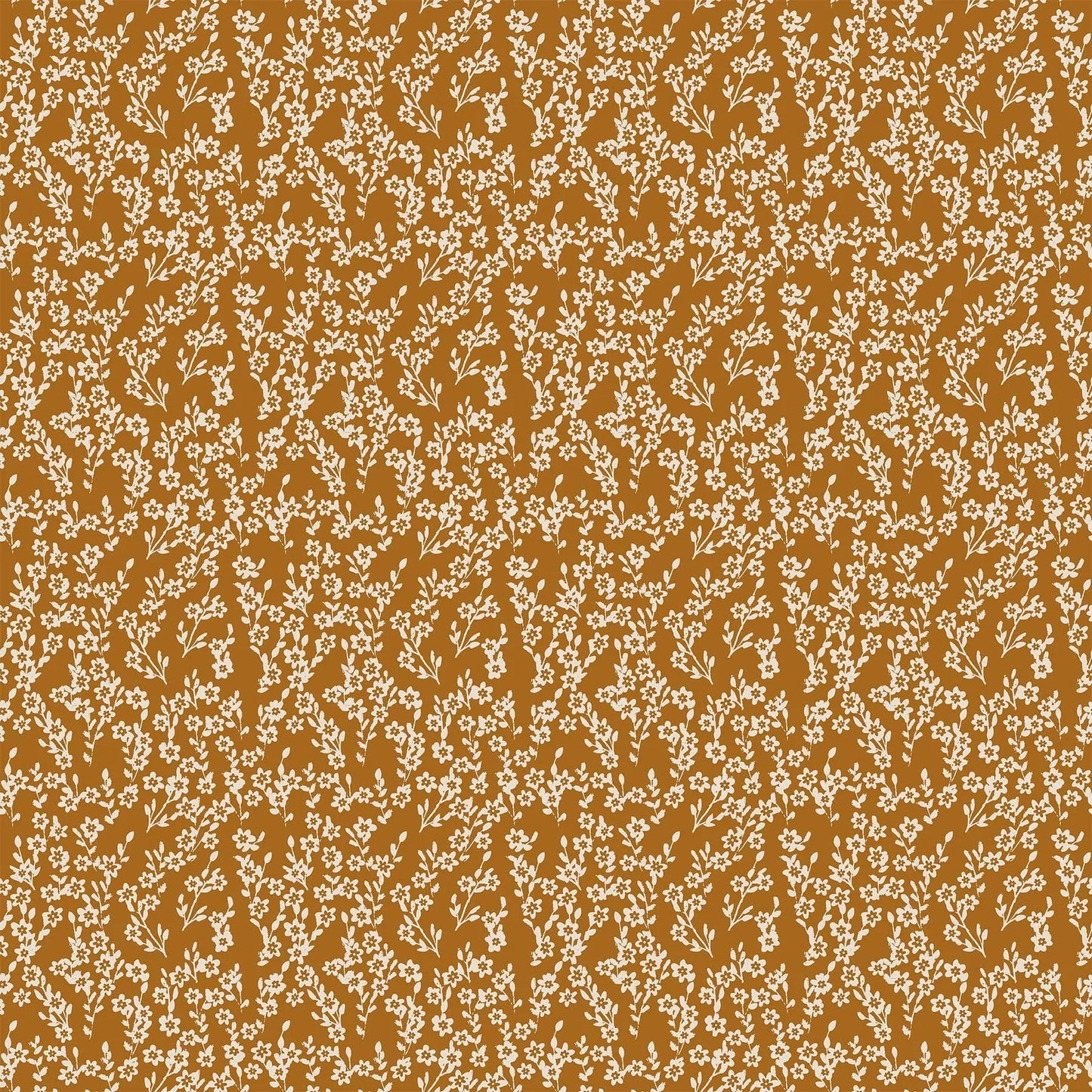 A fabric with an orange background and small white flower bunch pattern. From wild cottage collection figo fabrics fat quarter bundle.