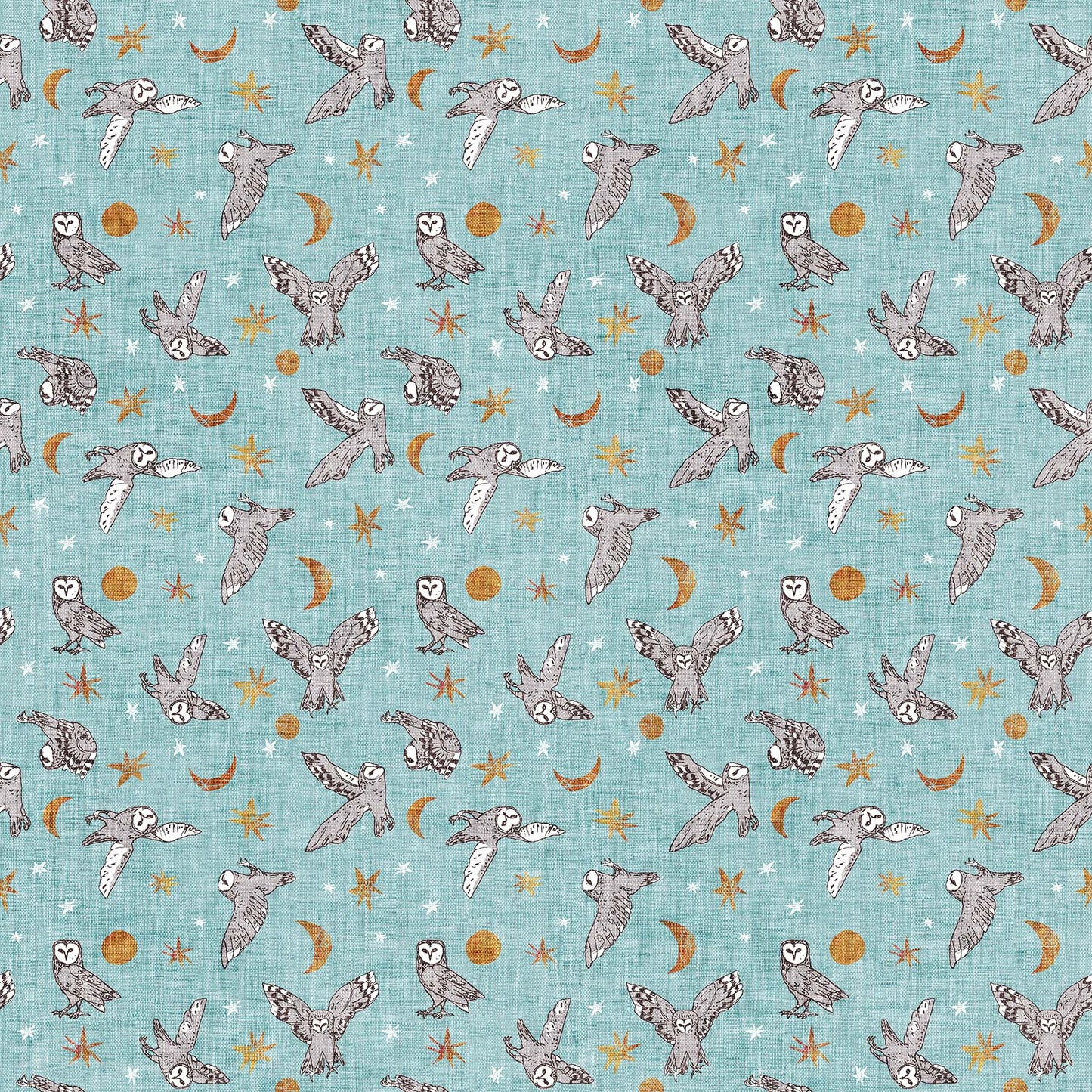 Fabric with a blue background and owl illustrations. Esther Fallon Lau for Figo Fabrics. 100% Cotton for sewing and crafting.