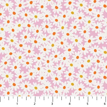 Knit fabric with a pink background and large white daisy flowers. cotton spandex blend knit.