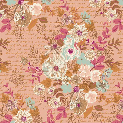 Fabric with a blush background and white and pink flower illustrations. From "Bookish" from Sharon Holland for Art Gallery Fabrics. 100% premium cotton for sewing and crafting.