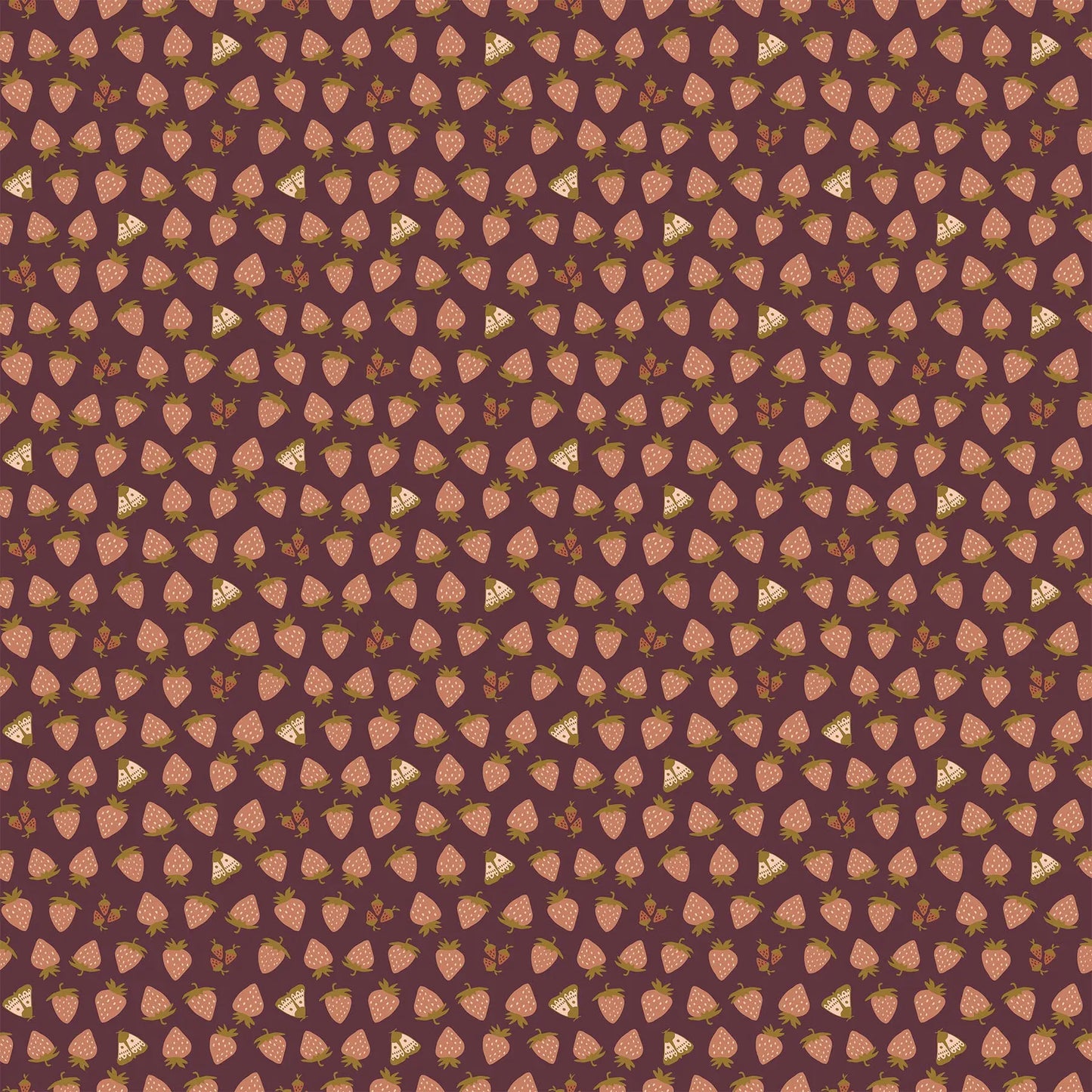 Fabric with a dark red background and strawberry illustrations. From Martha by Figo Fabrics. 100% cotton for sewing and crafting.