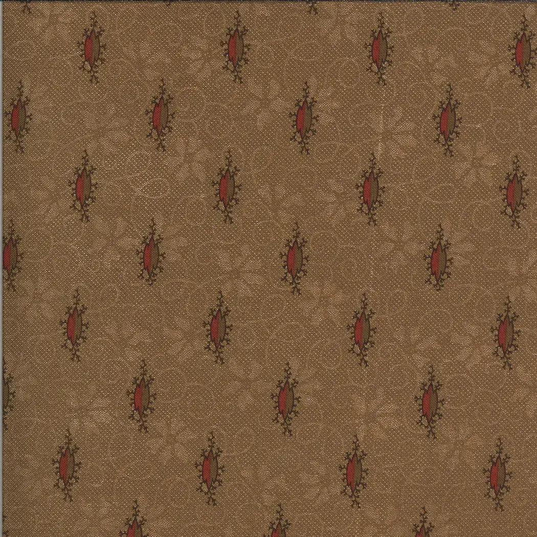 Fabric with tan background and brown diamond design. Charm Squares from Hopewell by Jo Morton. 100% Premium Cotton for sewing, quilting and crafting. bundle of 42 5" squares.