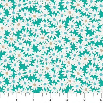 Knit fabric with a teal background and large white daisy flowers. cotton spandex blend knit.