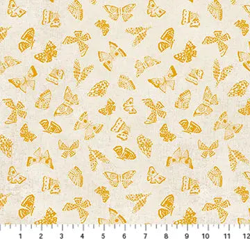Fabric with a natural background and yellow butterflies. From "Wildflower" line by Boccaccini Meadows for Figo Fabrics. Cotton Linen blend for sewing, quilting, and crafting.