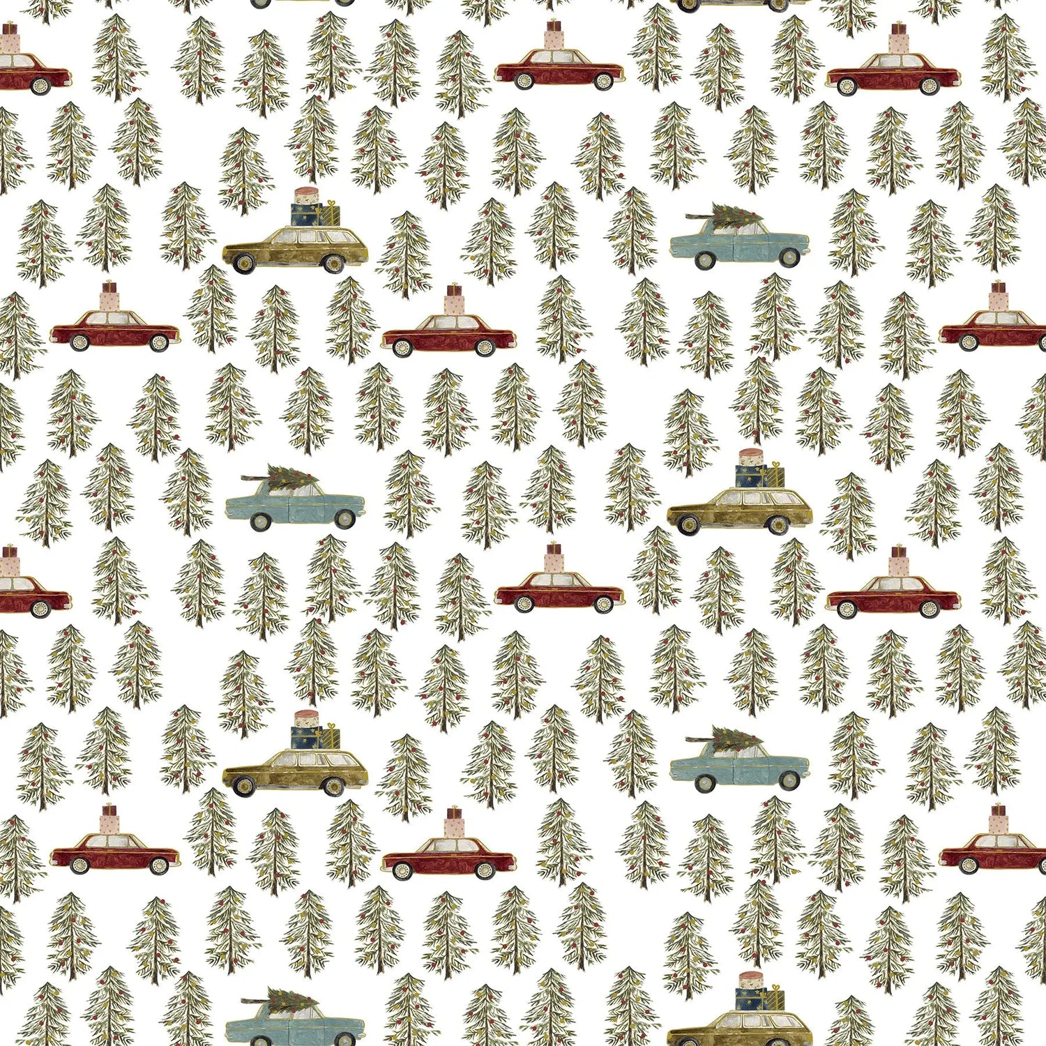 Fabric with a light background and old cars and christmas trees