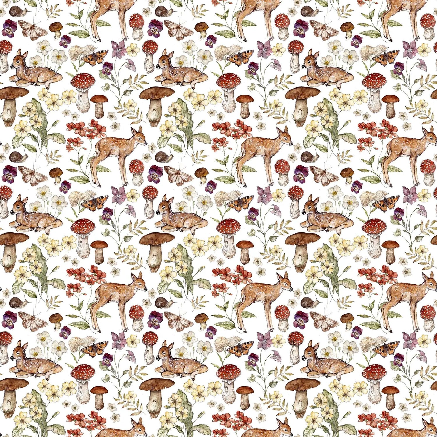 Fabric with a cream background and deer, mushroom and foliage illustrations. 