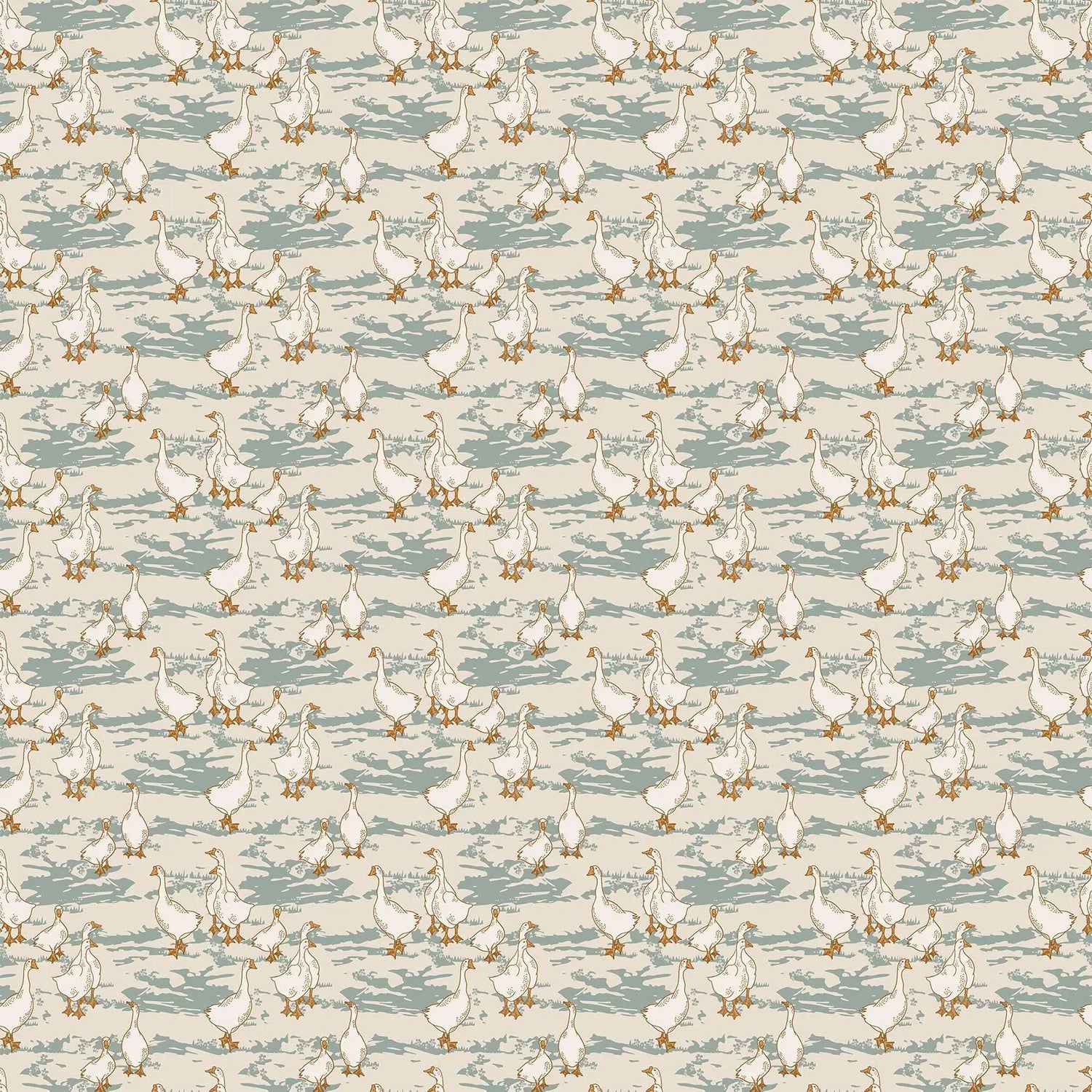 Fabric with a pattern of geese with a blue background