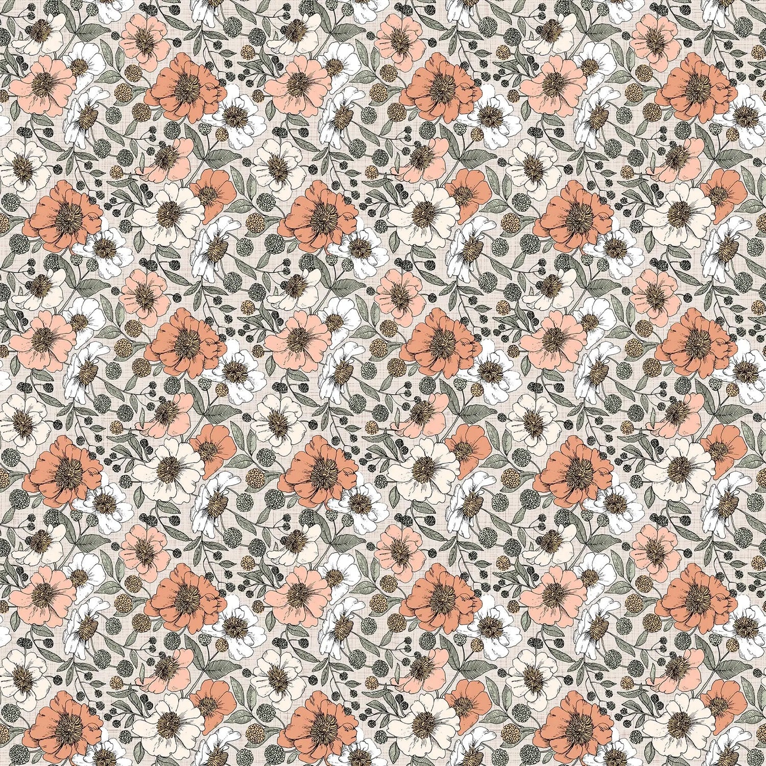 Fabric with a large orange peony flower illustration pattern. 