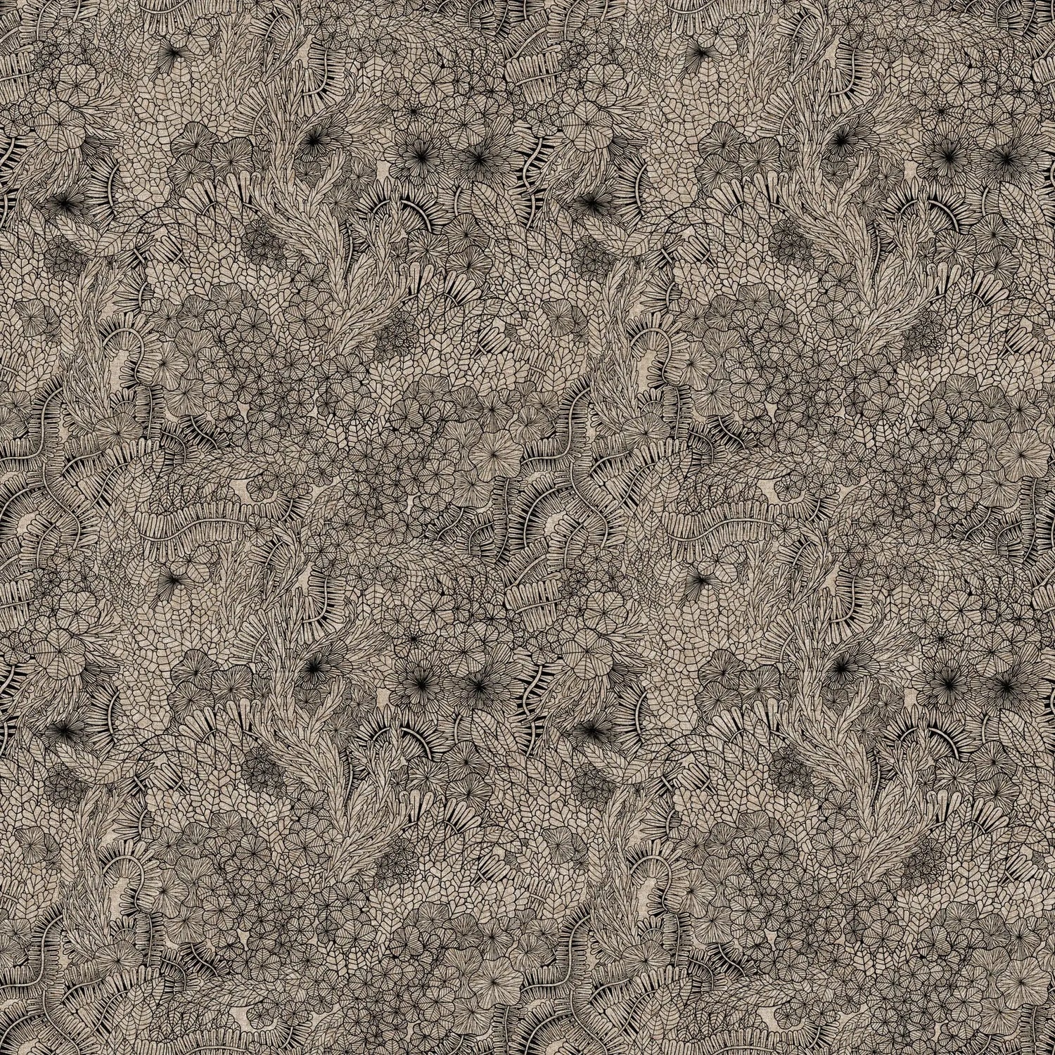 Fabric with a natural background and black trellis design. 