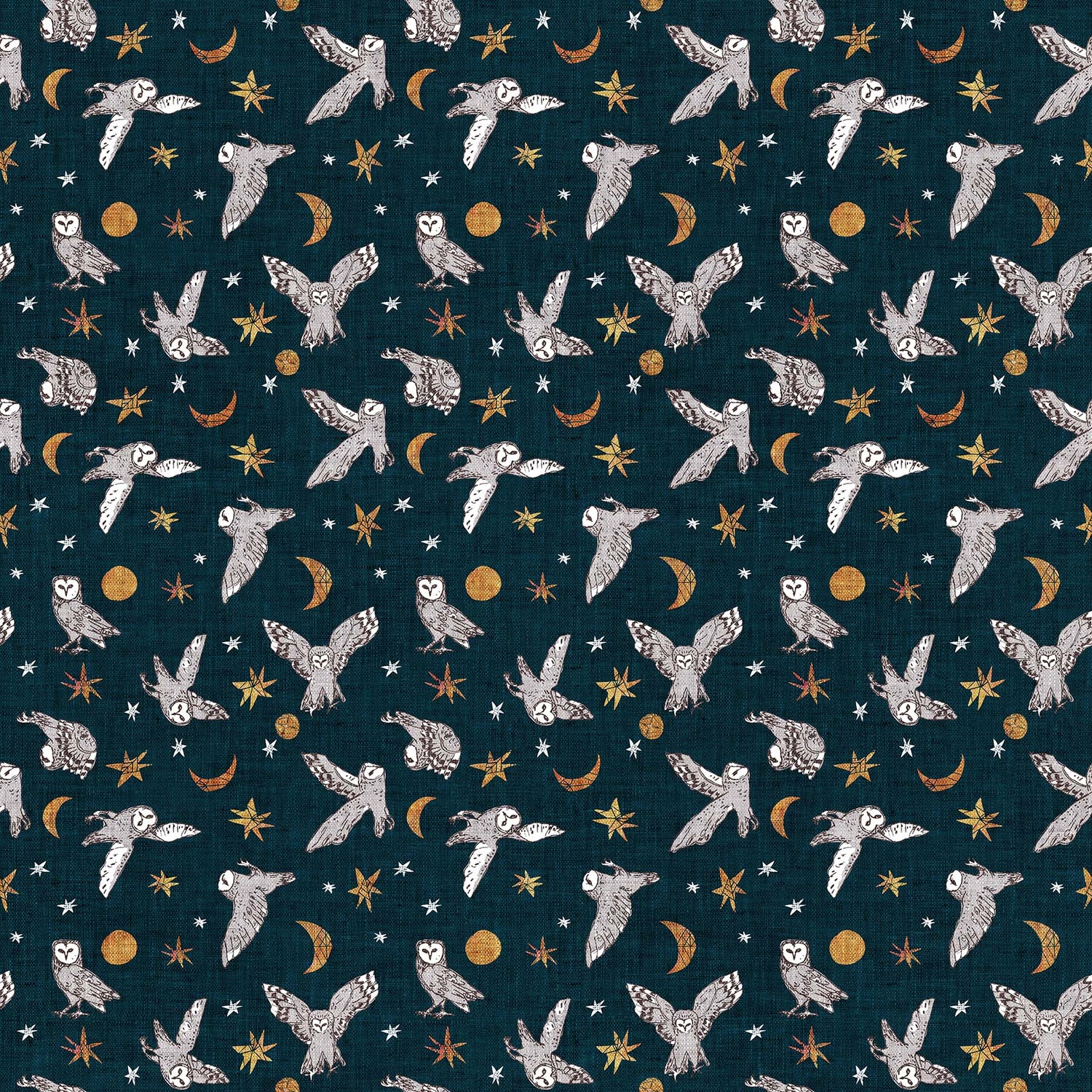 Fabric with a dark blue background and owl illustrations from a forest theme fabric collection.
