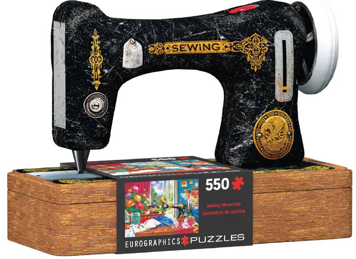 puzzle in a tin shaped like a sewing machine
