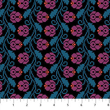 Close of of black fabric with a flower pattern in blue and purple. yarn dyed fabric in 100% cotton by Anna Maria Horner