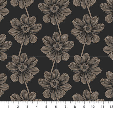Pattern of black flowers on a dark background with a fabric swatch at the bottom.