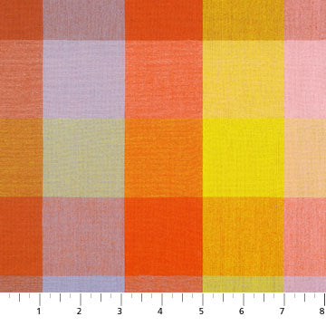 Checkered fabric pattern with orange, yellow, and pink squares on a white background. 100% yarn dyed cotton