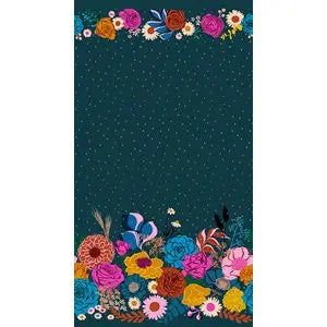 Panel of fabric in dark blue with bold colourful florals at the top and bottom