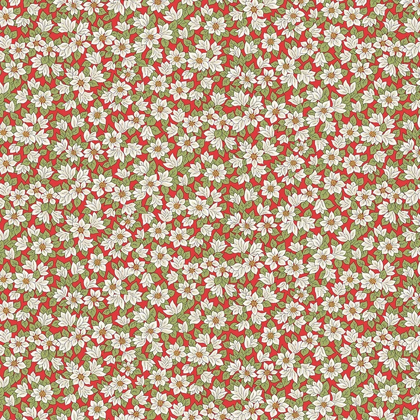 Fabric with white poinsettias on a red background from Liberty Fabrics for Christmas sewing, quilting, and crafting. 