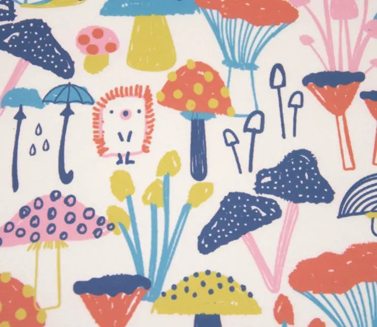Raincoat fabric with fun colourful design featuring umbrellas, mushrooms, and hedgehogs.