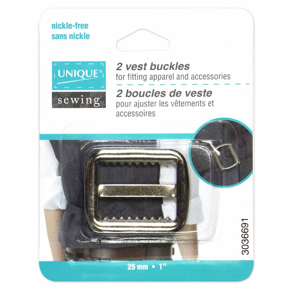 Packaging of vest buckles with clear window showing product, brand 'UNIQUE sewing' visible.