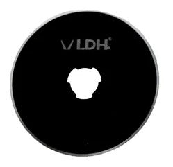 Black circular rotary cutter blade with 'VLDH' branding on a white background