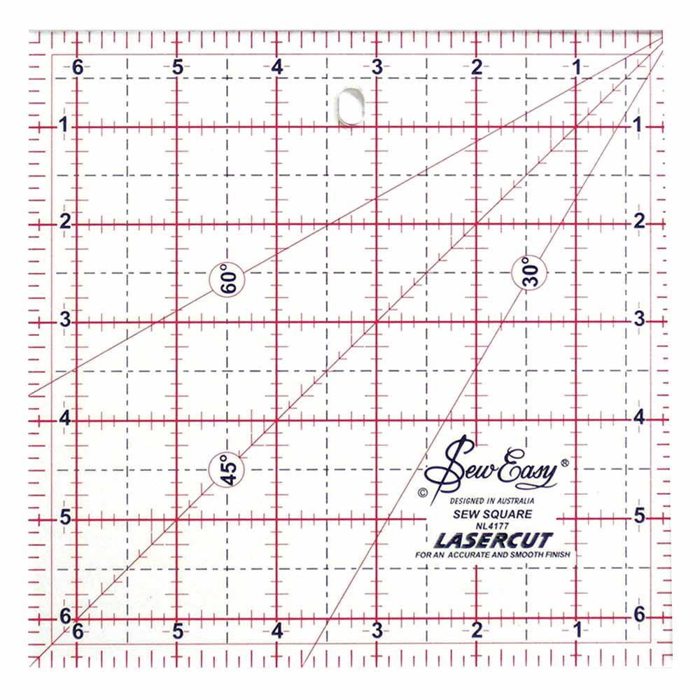 Sew Easy sewing square ruler for cutting fabric with grid lines and angles on a white background