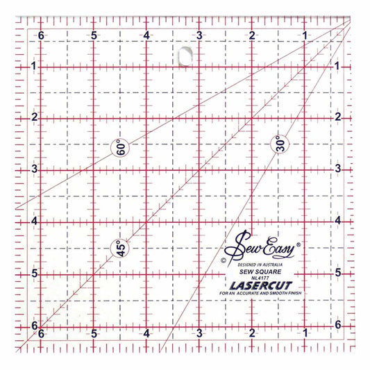 Sew Easy sewing square ruler for cutting fabric with grid lines and angles on a white background
