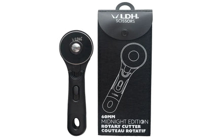 A black LDH Scissors rotary cutter shown next to its black retail packaging box on a plain white background for cutting fabric.