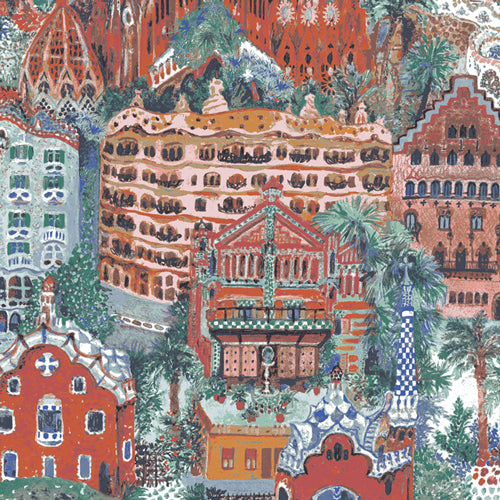 A close-up of a highly detailed, colorful architectural illustration featuring whimsical buildings, palm trees, and ornate rooftops in a painterly, folk-art style. From the fabric line Barcelona by Katarina Roccella for Art Gallery Fabrics.
