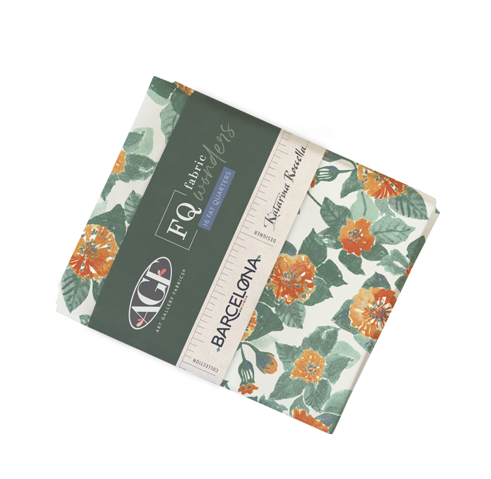 A folded fabric bundle with a floral print. The fabric features orange flowers and green leaves on a cream background. From the fabric line Barcelona by Katarina Roccella for Art Gallery Fabrics.