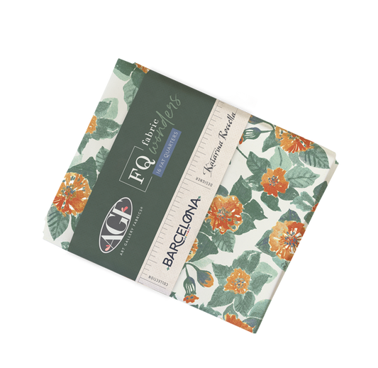 A folded fabric bundle with a floral print. The fabric features orange flowers and green leaves on a cream background. From the fabric line Barcelona by Katarina Roccella for Art Gallery Fabrics.