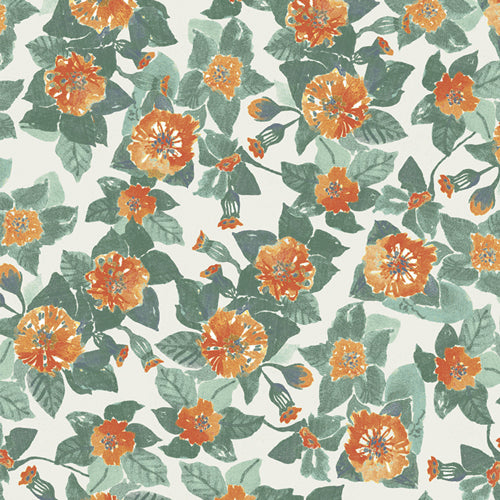 A repeating floral pattern featuring orange flowers and green leaves on a light cream background. From the fabric line Barcelona by Katarina Roccella for Art Gallery Fabrics.