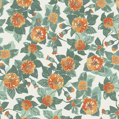 A repeating floral pattern featuring orange flowers and green leaves on a light cream background. From the fabric line Barcelona by Katarina Roccella for Art Gallery Fabrics.