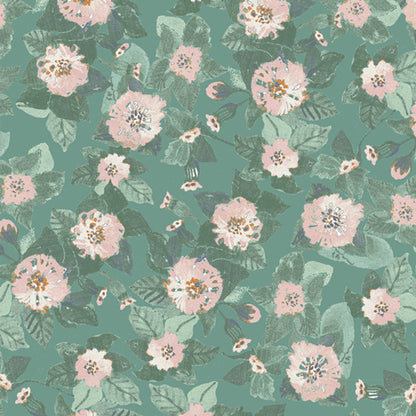 A repeating floral pattern on a muted teal-green background, featuring soft pink flowers with green leaves and small warm-toned centers. From the fabric line Barcelona by Katarina Roccella for Art Gallery Fabrics.
