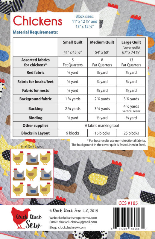 Quilt pattern back with chicken design and material requirements chart.
