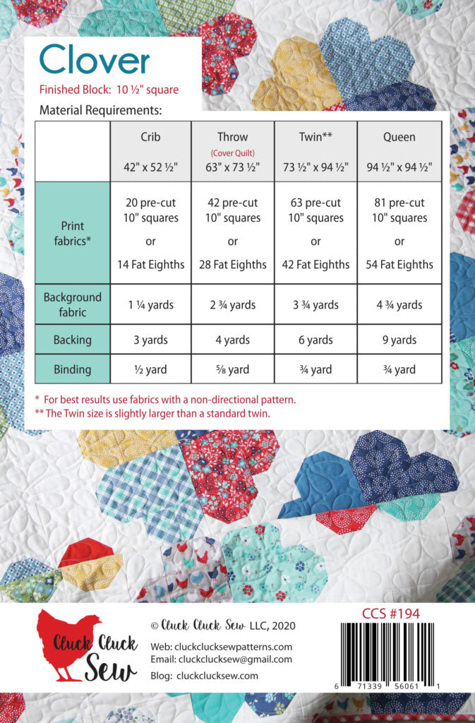 Quilt pattern material requirements chart with colorful quilt design in the background
