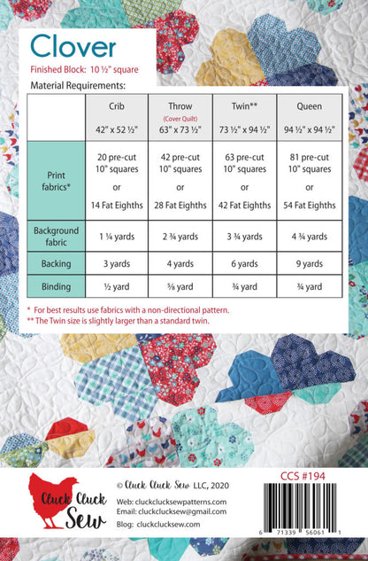 Quilt pattern material requirements chart with colorful quilt design in the background