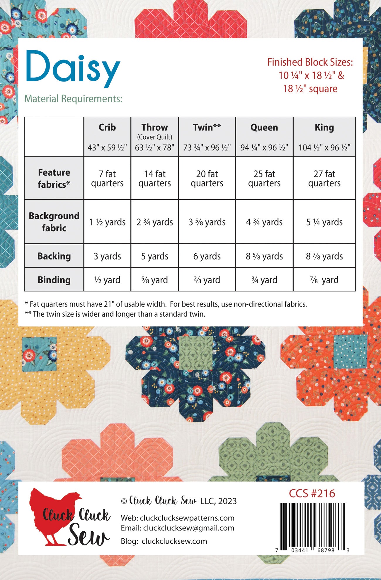 Fabric requirement chart for a quilt block pattern titled 'Daisy' with colorful flower designs on a blue background.