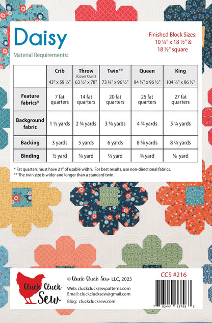 Fabric requirement chart for a quilt block pattern titled 'Daisy' with colorful flower designs on a blue background.