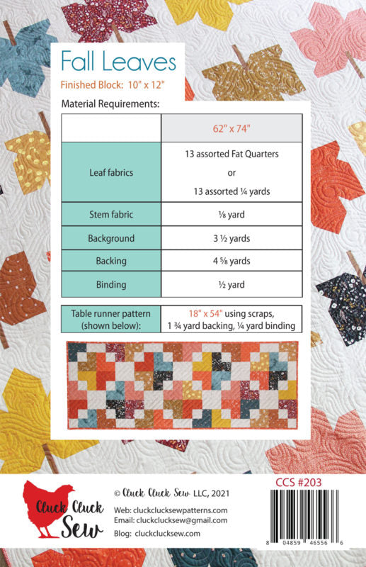 Quilt pattern packaging with fall leaf design and material requirements chart.