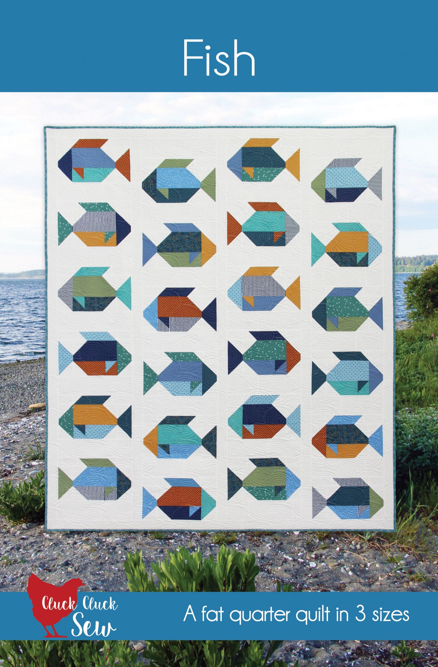 Quilt pattern with fish shapes on a white background, from Cluck Cluck Sew