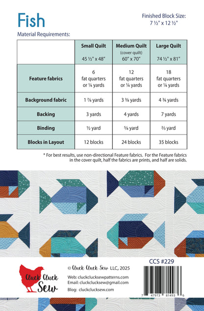 Quilt pattern guide for 'Fish' design with material requirements and fabric layout details.