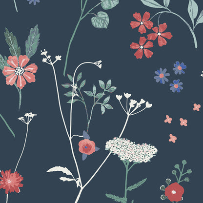 Floral pattern with red, blue, and white flowers on a dark blue background. From the fabric line Barcelona by Katarina Roccella for Art Gallery Fabrics.